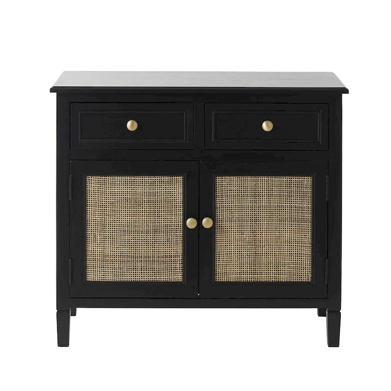 Meuble de rangement artisanal en bois avec deux tiroirs et deux portes (panneaux en rotin tressé) — Noir