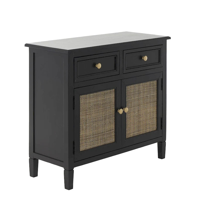 Meuble de rangement artisanal en bois avec deux tiroirs et deux portes (panneaux en rotin tressé) — Noir