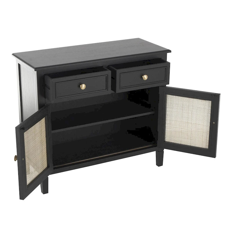 Meuble de rangement artisanal en bois avec deux tiroirs et deux portes (panneaux en rotin tressé) — Noir