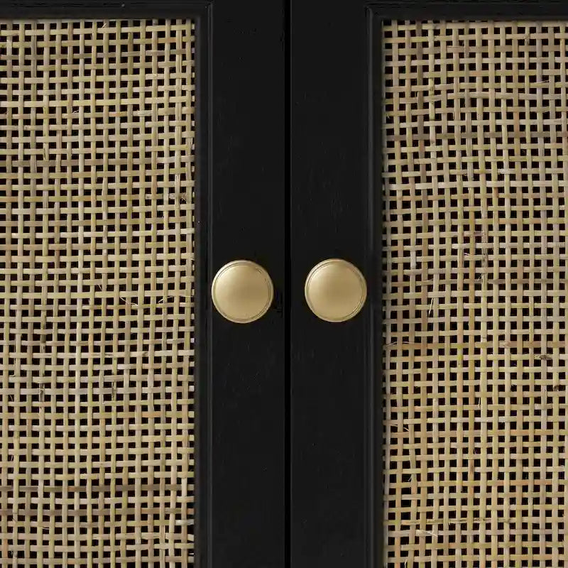 Meuble de rangement artisanal en bois avec deux tiroirs et deux portes (panneaux en rotin tressé) — Noir