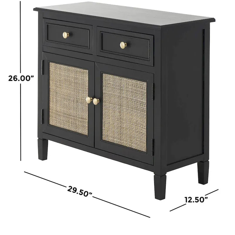 Meuble de rangement artisanal en bois avec deux tiroirs et deux portes (panneaux en rotin tressé) — Noir